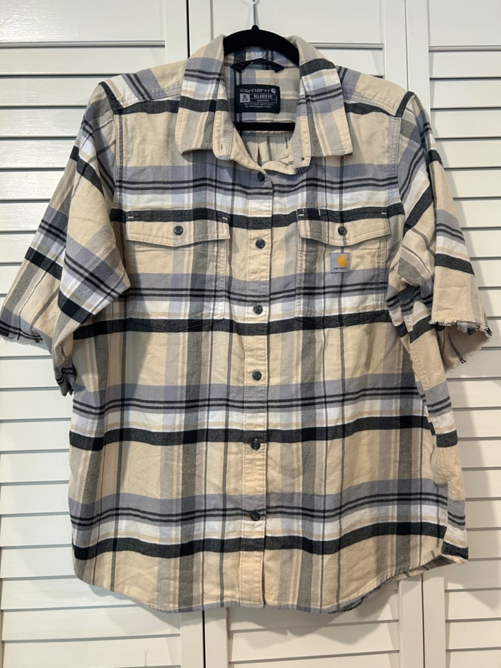 Carhartt Beige and Grey Short-Sleeve Plaid Button-Down Relaxed Fit Shirt Size XL